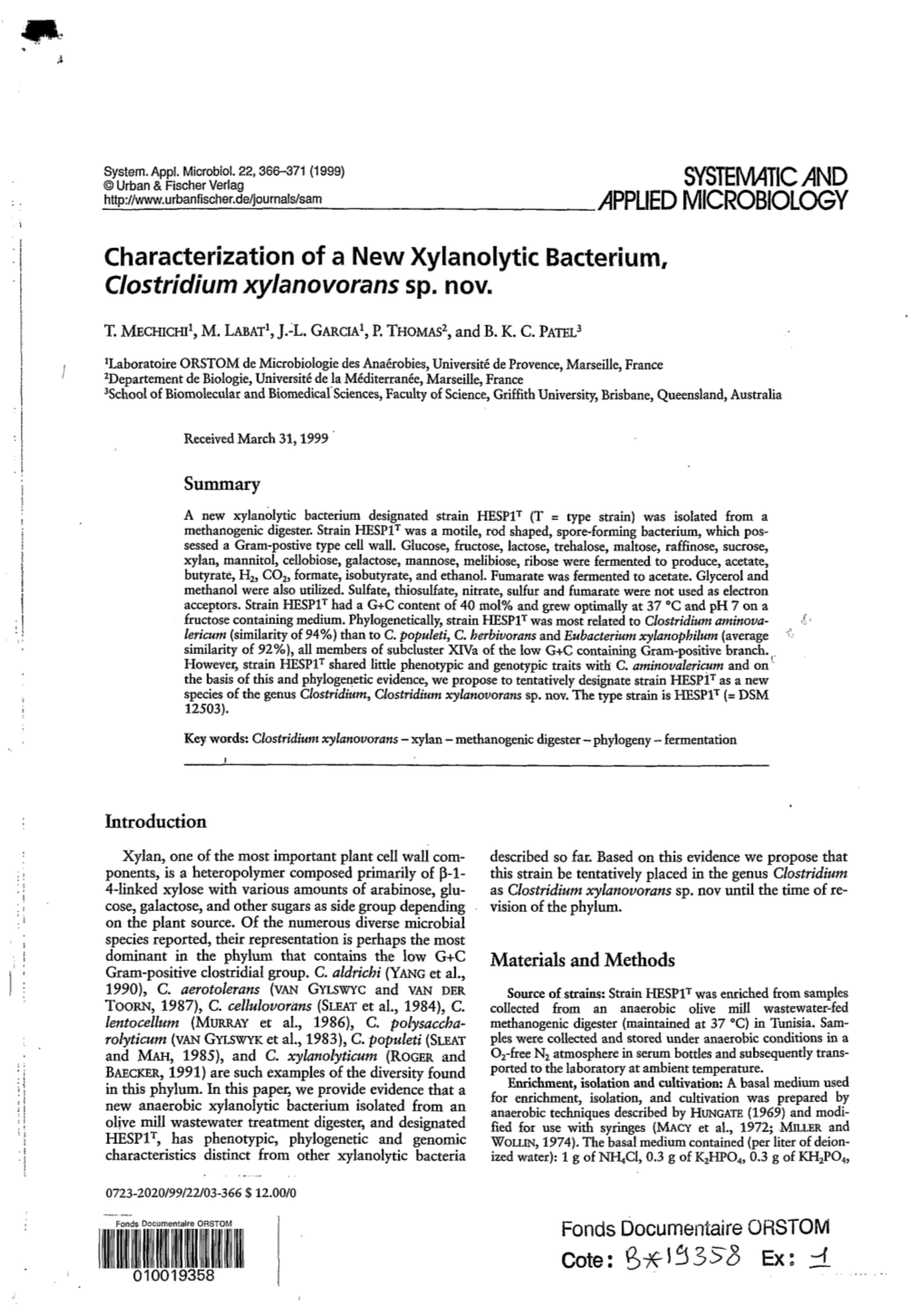 Characterization of a New Xylanolytic Bacterium, Clostridium Xylanovorans Sp