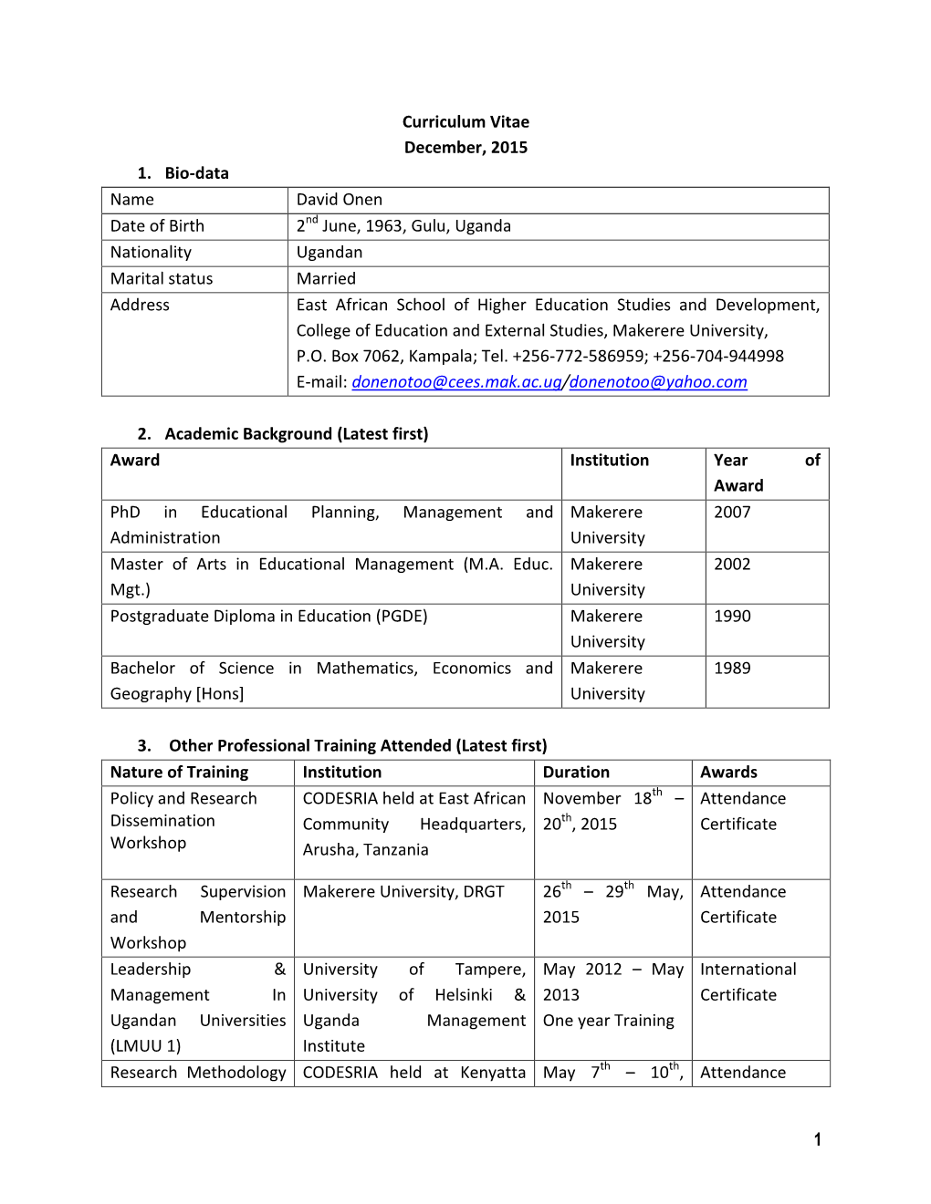 Curriculum Vitae December, 2015 1