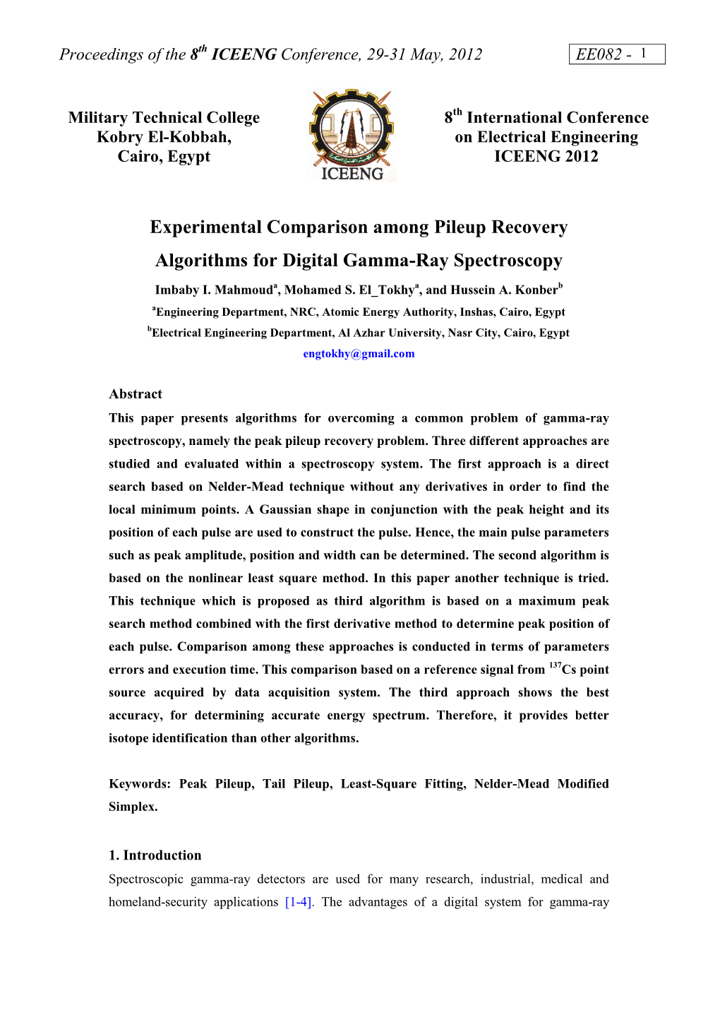 Experimental Comparison Among Pileup Recovery Algorithms for Digital Gamma-Ray Spectroscopy Imbaby I