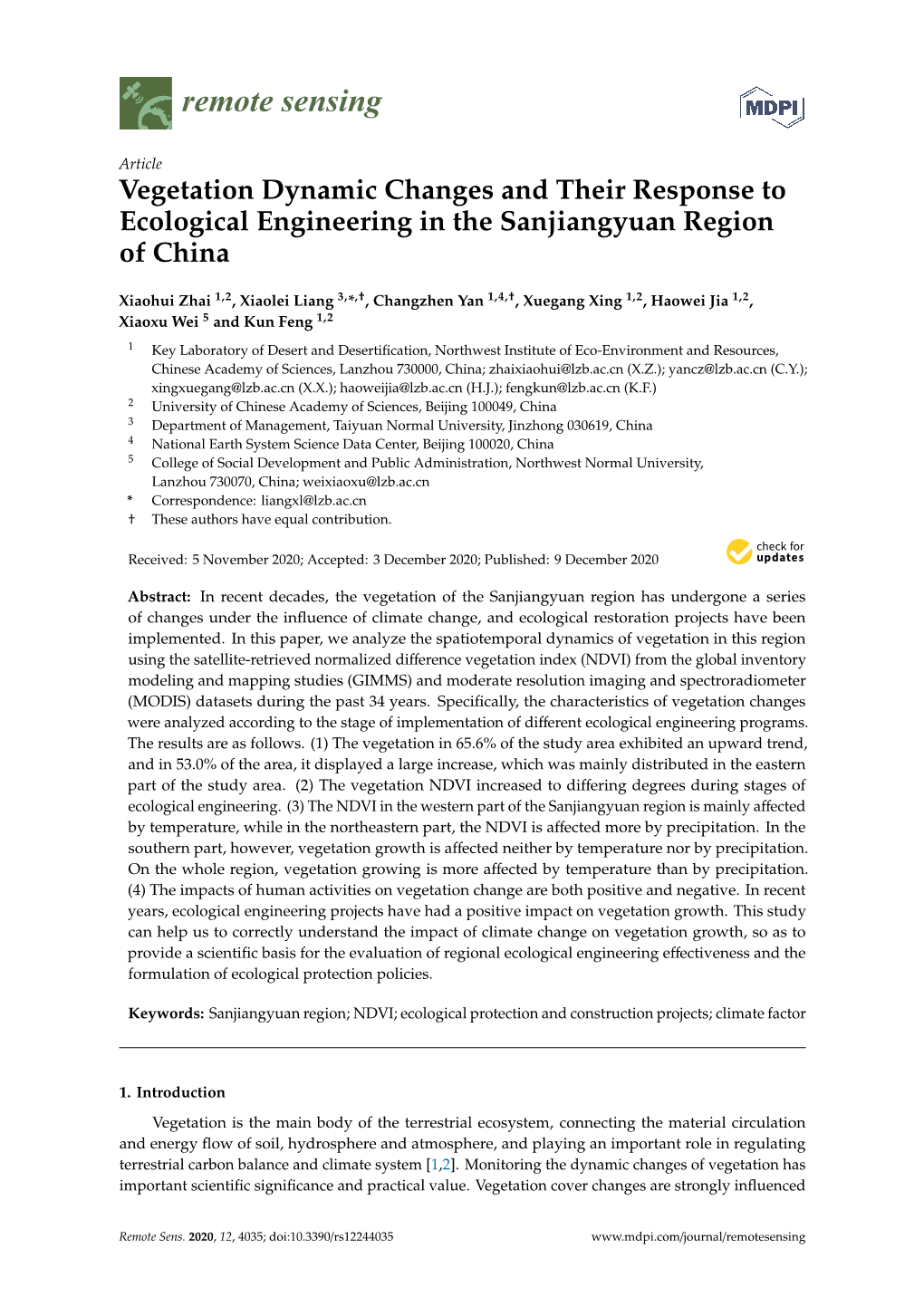 Vegetation Dynamic Changes and Their Response to Ecological Engineering in the Sanjiangyuan Region of China