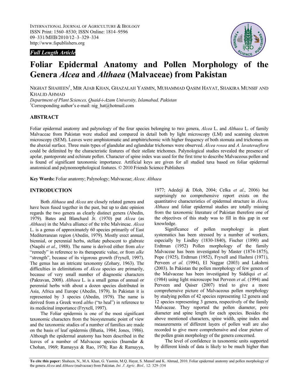 Foliar Epidermal Anatomy and Pollen Morphology of the Genera Alcea and Althaea (Malvaceae) from Pakistan