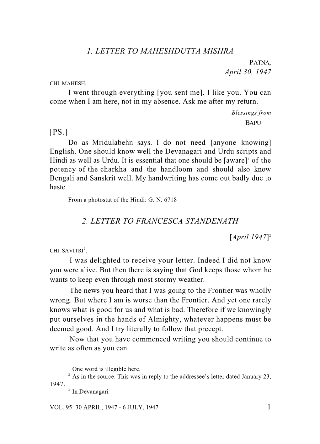 1. Letter to Maheshdutta Mishra [Ps.] 2. Letter to Francesca Standenath