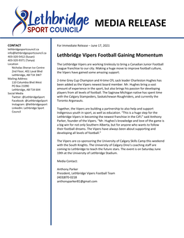 Media Release Lethbridge Vipers June 2021