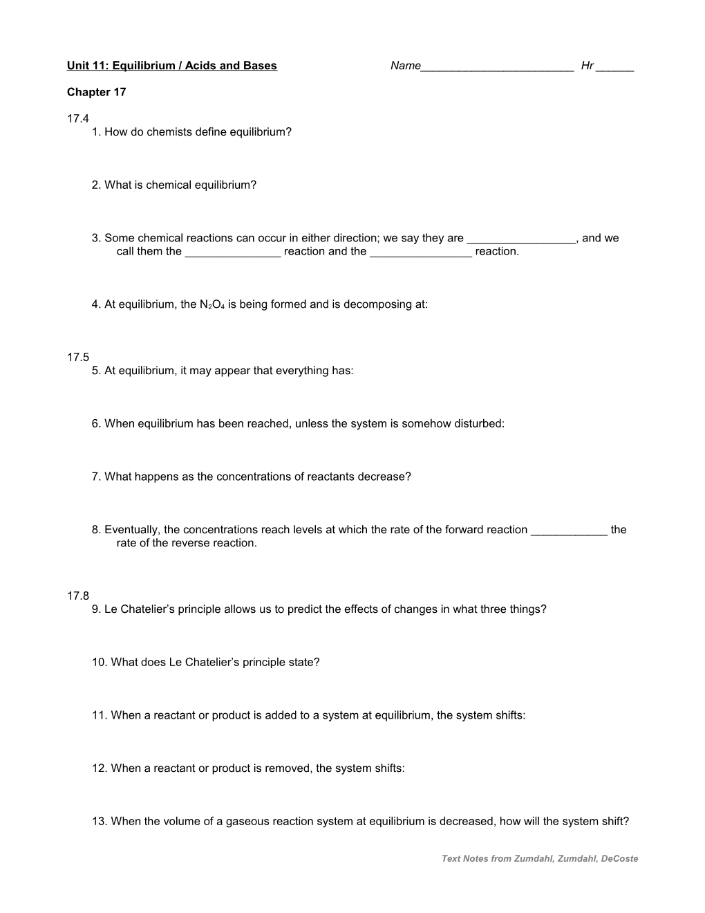 Unit 11: Equilibrium / Acids and Bases s1