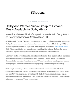 Dolby and Warner Music Group to Expand Music Available in Dolby Atmos