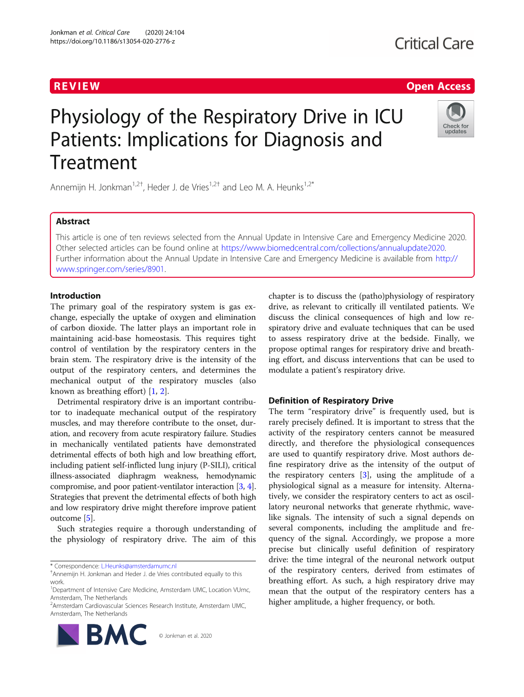 Physiology of the Respiratory Drive in ICU Patients: Implications for Diagnosis and Treatment Annemijn H