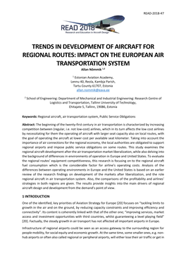 TRENDS in DEVELOPMENT of AIRCRAFT for REGIONAL ROUTES: IMPACT on the EUROPEAN AIR TRANSPORTATION SYSTEM Allan Nõmmik 1,2