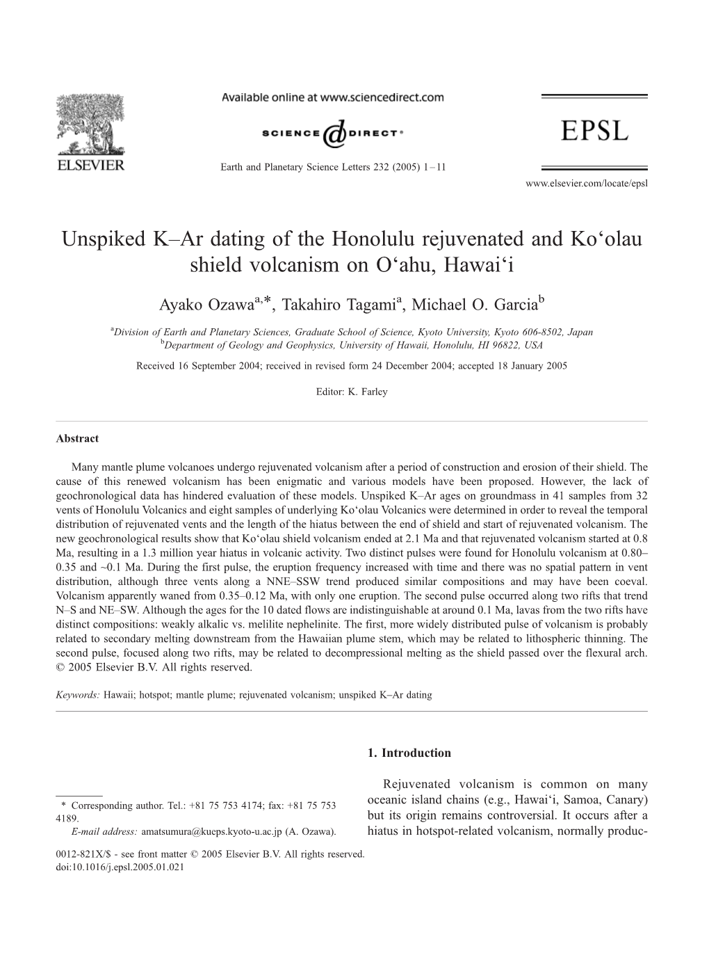 Unspiked K Ar Dating of the Honolulu Rejuvenated and Ko`Olau Shield