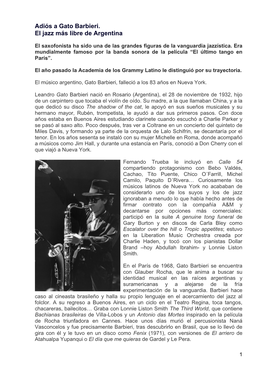 Adiós a Gato Barbieri. El Jazz Más Libre De Argentina