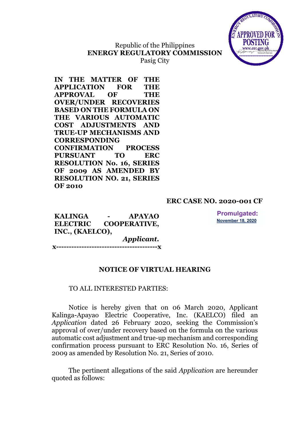 Republic of the Philippines ENERGY REGULATORY COMMISSION Pasig City