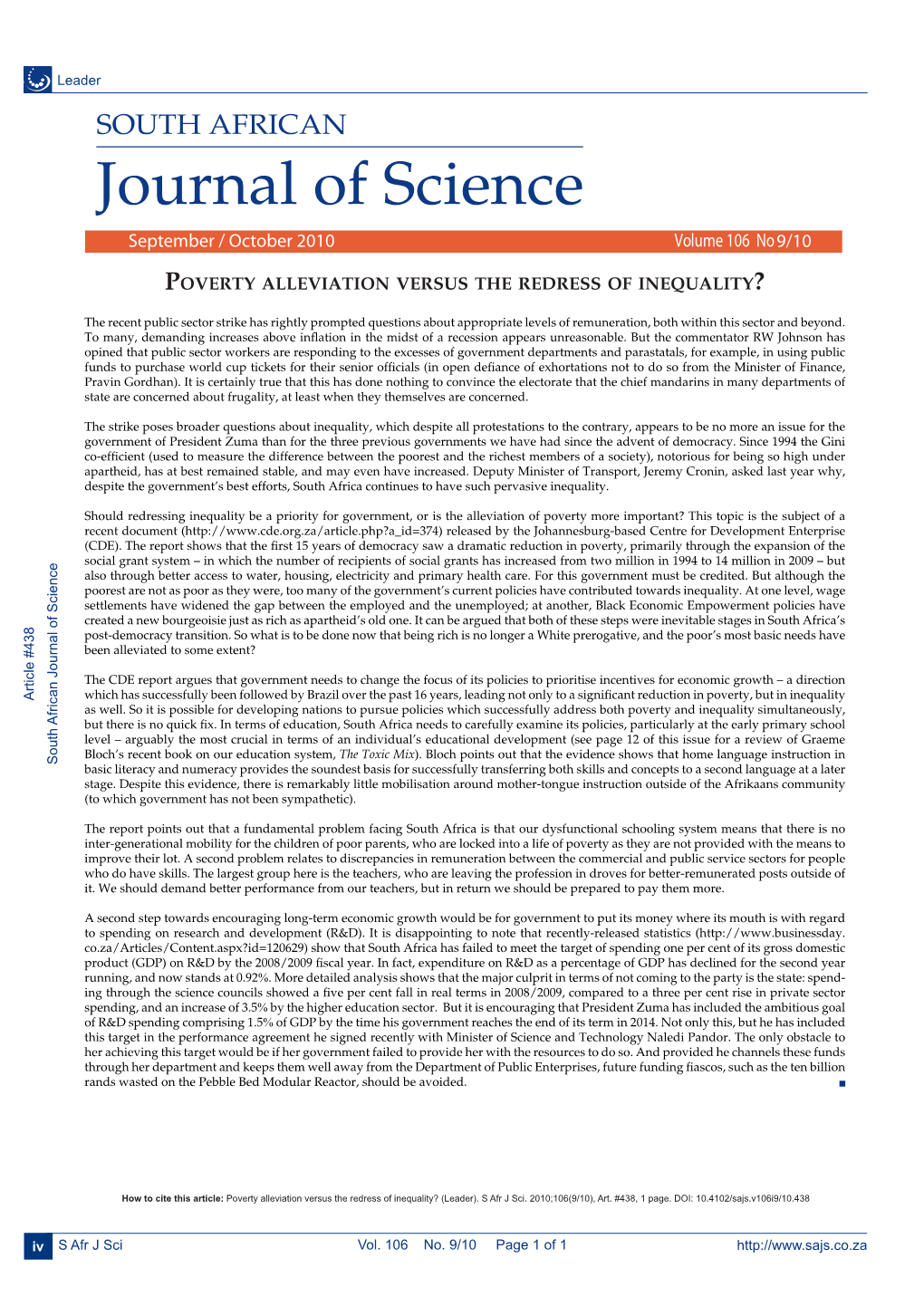 Journal of Science Januaseptemberry/February /2010 October 2010 Volume 106 No.9/101/2