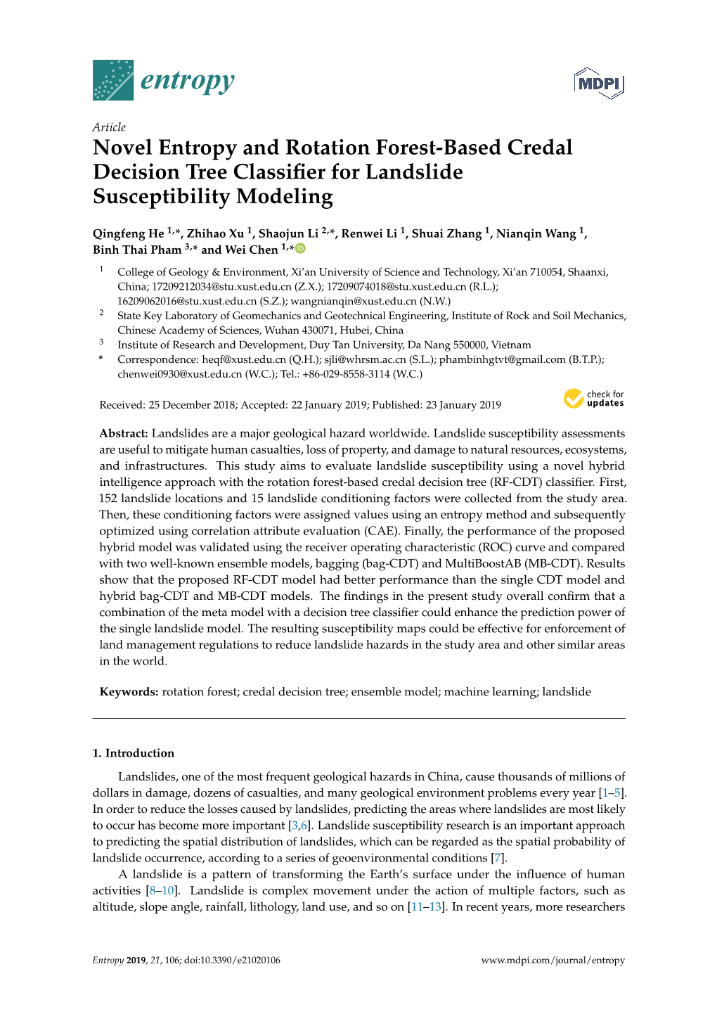 Novel Entropy and Rotation Forest-Based Credal Decision Tree Classiﬁer for Landslide Susceptibility Modeling