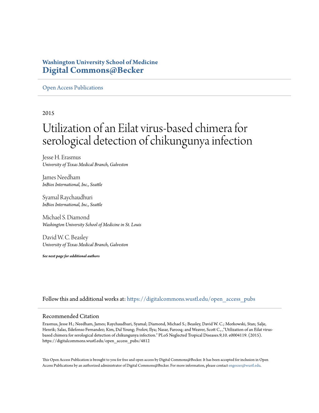 Utilization of an Eilat Virus-Based Chimera for Serological Detection of Chikungunya Infection Jesse H