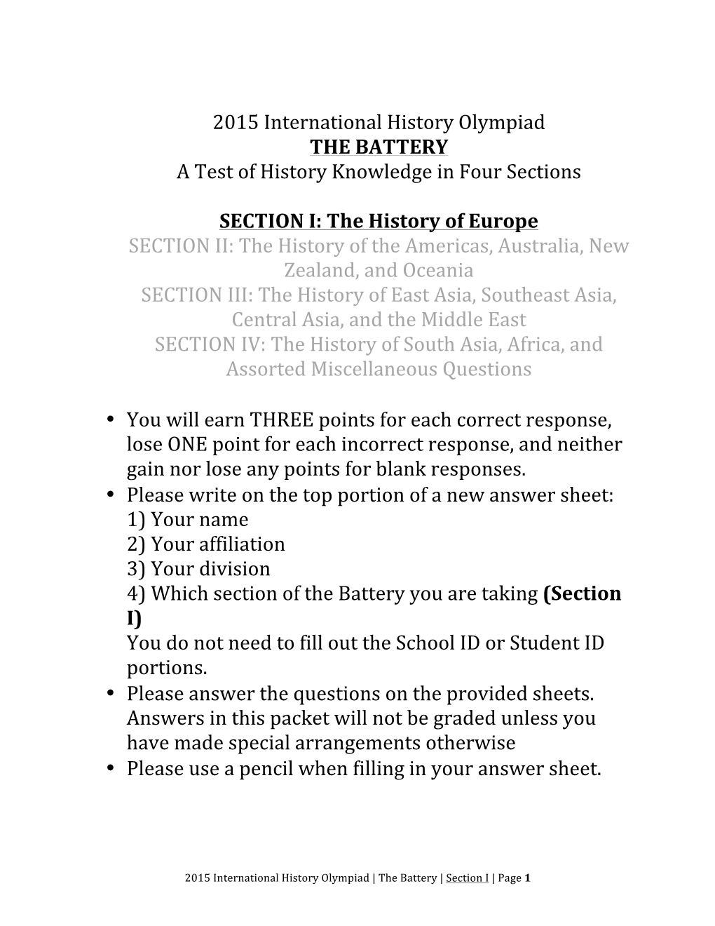 2015 International History Olympiad the BATTERY a Test of History Knowledge in Four Sections