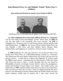 John Houston Perry, Sr. and Malinda “Linnie” Dykes Perry's Children