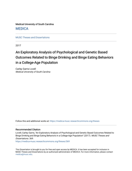 An Exploratory Analysis of Psychological and Genetic Based Outcomes Related to Binge Drinking and Binge Eating Behaviors in a College-Age Population