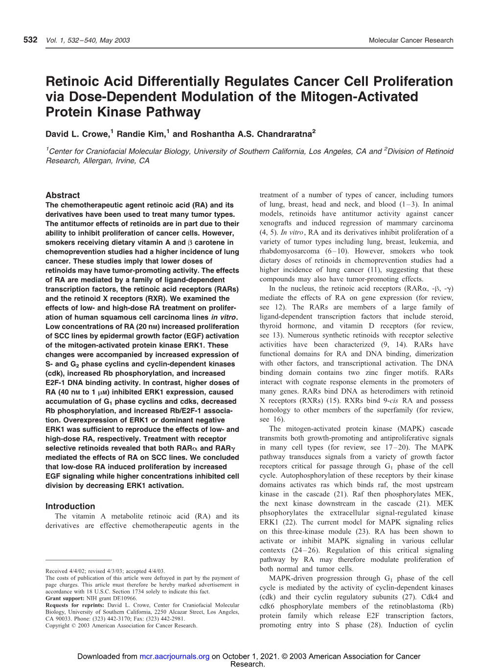 Retinoic Acid Differentially Regulates Cancer Cell Proliferation Via Dose-Dependent Modulation of the Mitogen-Activated Protein Kinase Pathway