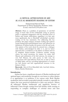 Introduction Sufism Has Been a Significant Element of Muslim Intellectual and Spiritual Legacy and Modernity Brought Its Own