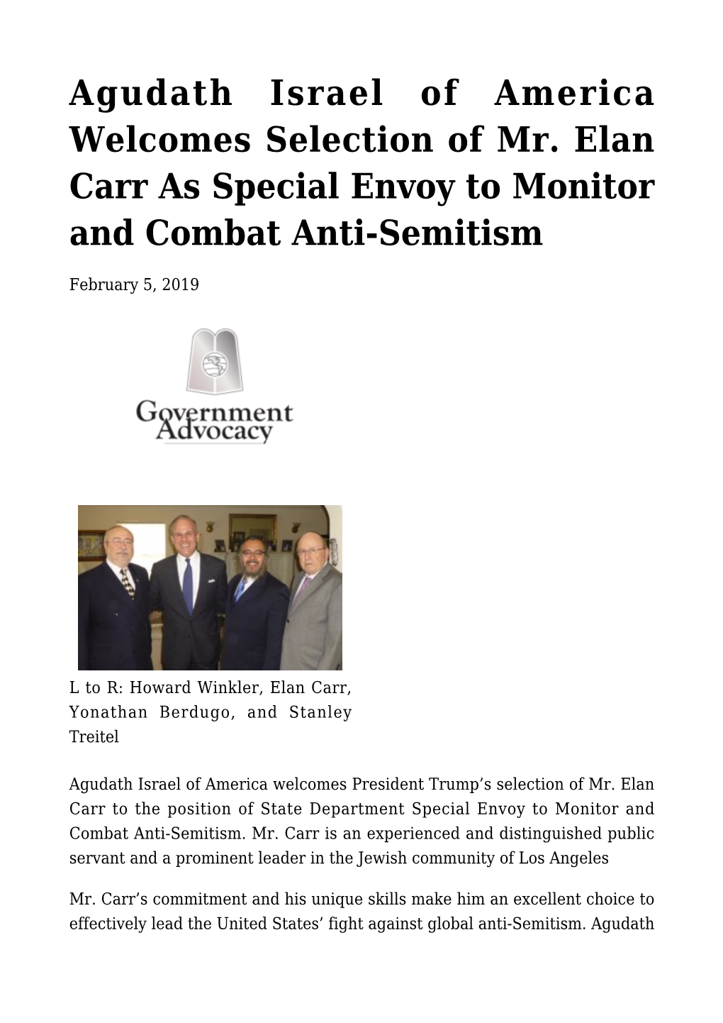 Agudath Israel of America Welcomes Selection of Mr. Elan Carr As Special Envoy to Monitor and Combat Anti-Semitism