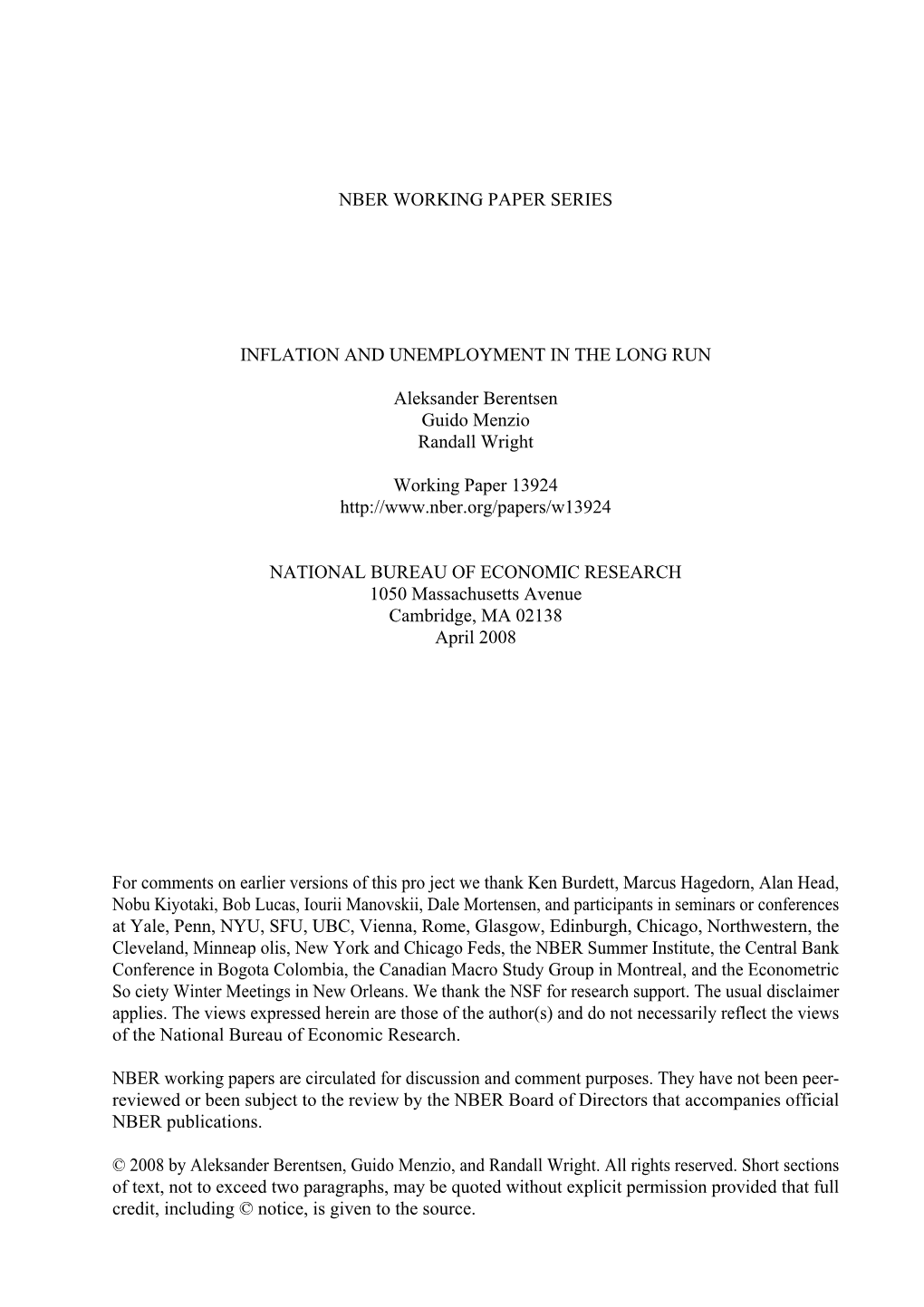 Nber Working Paper Series Inflation And
