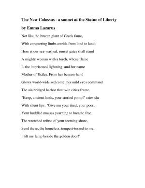 The New Colossus - a Sonnet at the Statue of Liberty by Emma Lazarus
