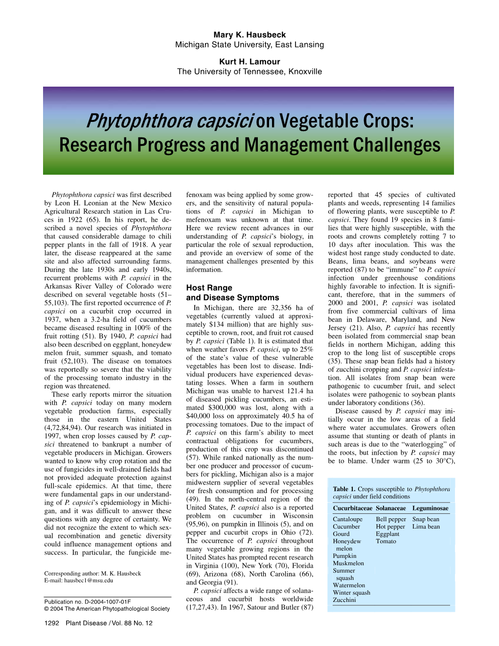 Phytophthora Capsici on Vegetable Crops: Research Progress and Management Challenges