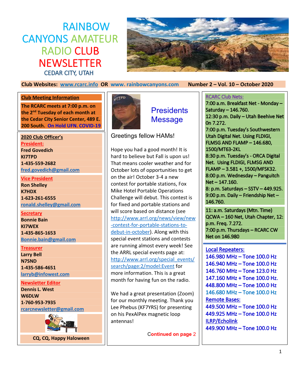 RAINBOW CANYONS AMATEUR RADIO CLUB NEWSLETTER CEDAR CITY, UTAH Club Websites: OR Www