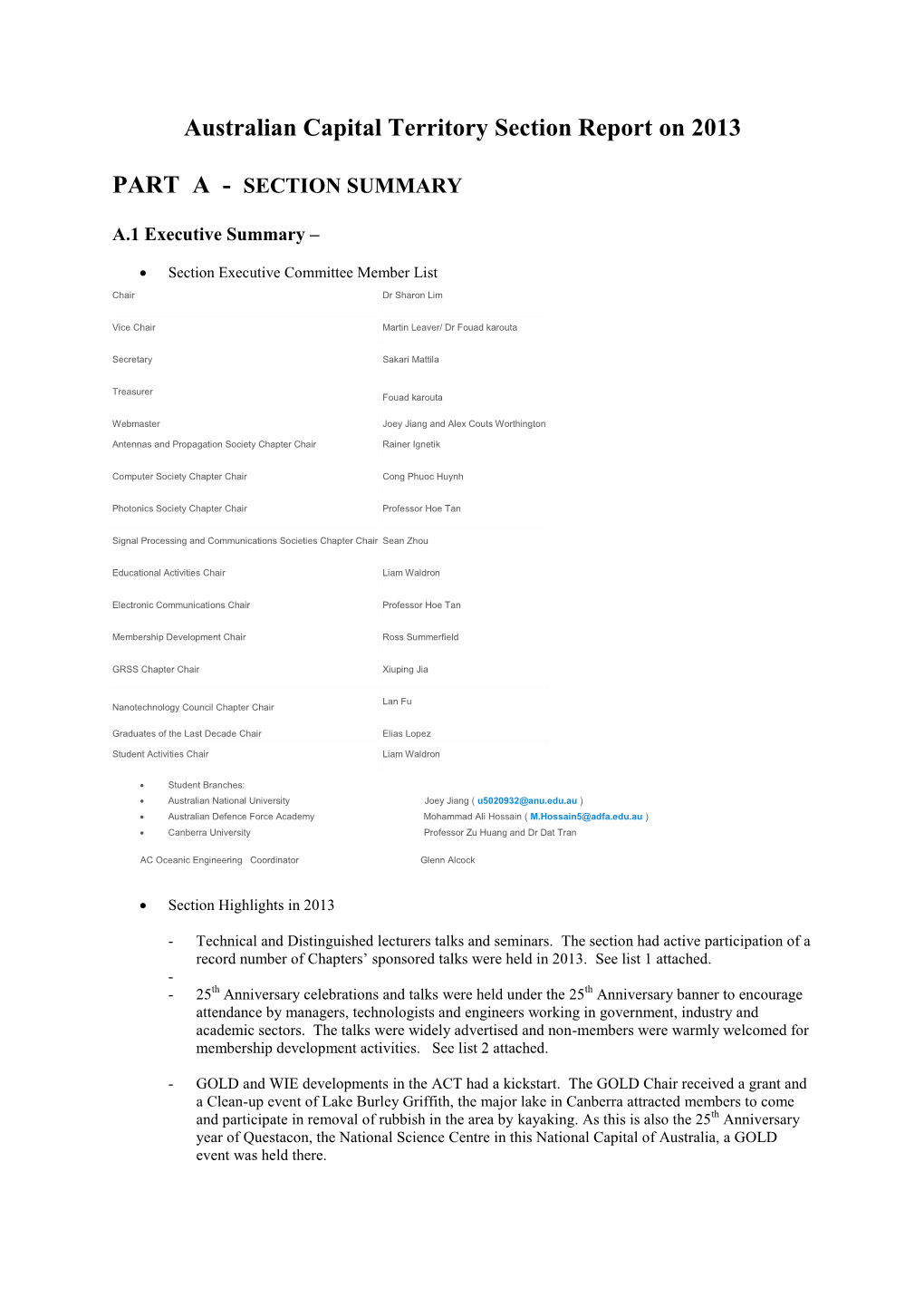 Australian Capital Territory Section Report on 2013