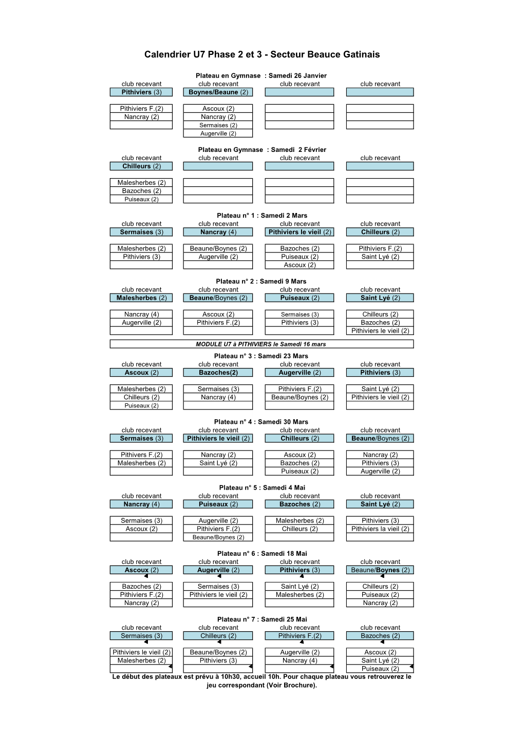 Calendrier U7 Phase 2 Et 3 - Secteur Beauce Gatinais