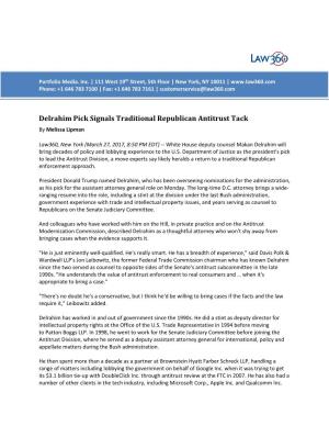 Delrahim Pick Signals Traditional Republican Antitrust Tack by Melissa Lipman