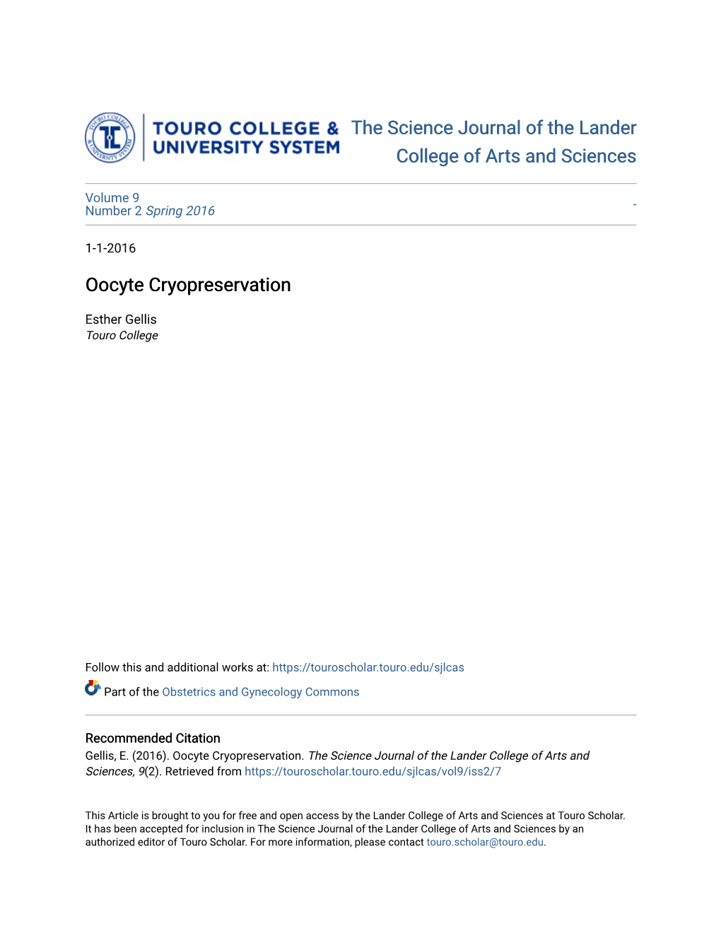 Oocyte Cryopreservation