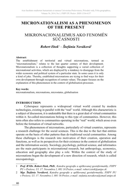 Micronationalism As a Phenomenon of the Present Mikronacionalizmus Ako Fenomén Súčasnosti