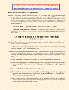 An Open Letter to Saucer Researchers" Was Published in the March/1962 and Succeeding Issue As Two Parts