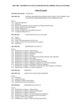 248 CMR: BOARD of STATE EXAMINER of PLUMBERS and GAS FITTERS Table of Contents
