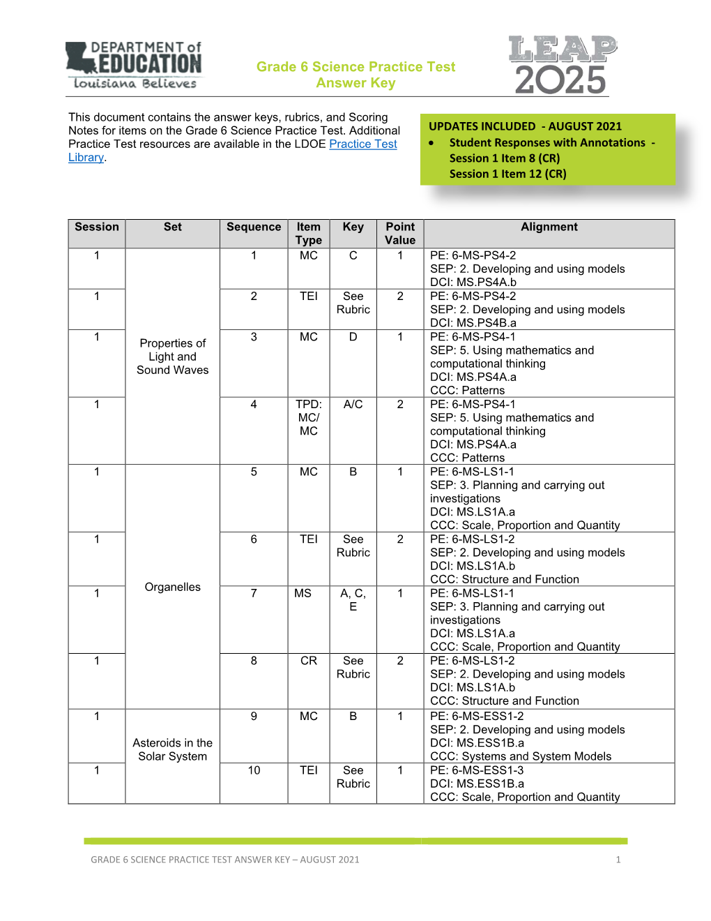 LEAP 2025 Science Grade 6 Practice Test Answer