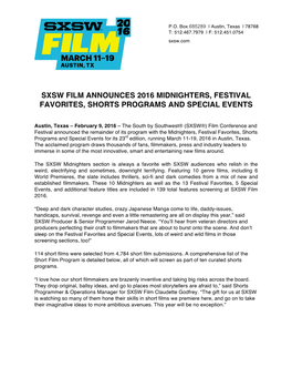 2016 SXSW Midnighters, Festival Favorites, Shorts & Special Events