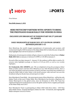 Hero Motocorp Partners with 1Sports to Bring the Prestigious Dakar Rally for Viewers in India
