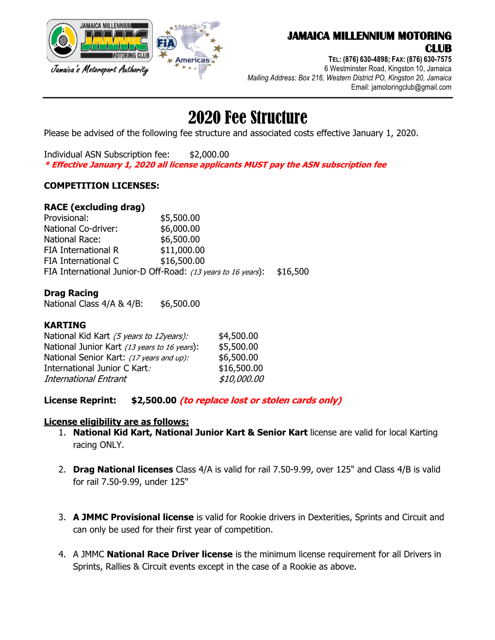 Notice of 2020 Fee Structure