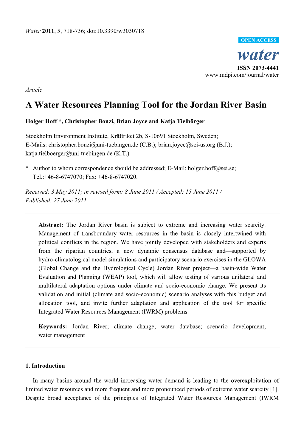 A Water Resources Planning Tool for the Jordan River Basin