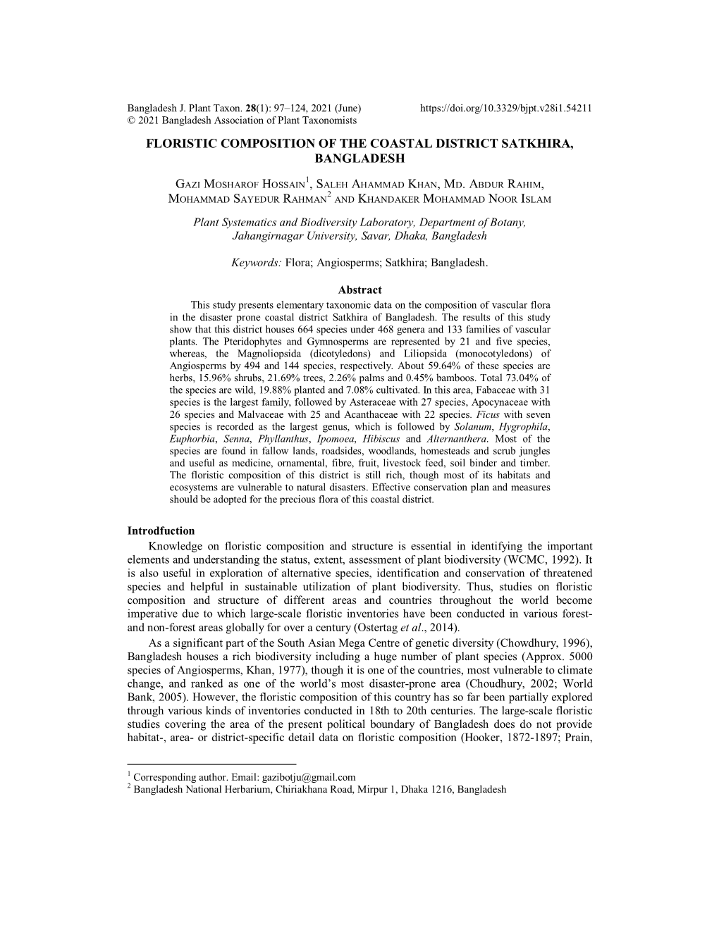 Floristic Composition of the Coastal District Satkhira, Bangladesh Gazi