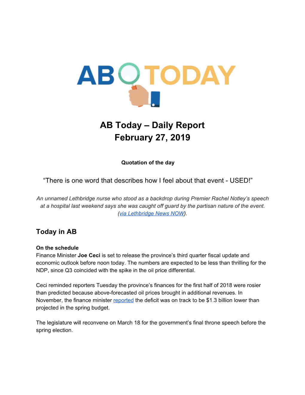 AB Today – Daily Report February 27, 2019