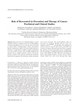 Role of Resveratrol in Prevention and Therapy of Cancer: Preclinical and Clinical Studies