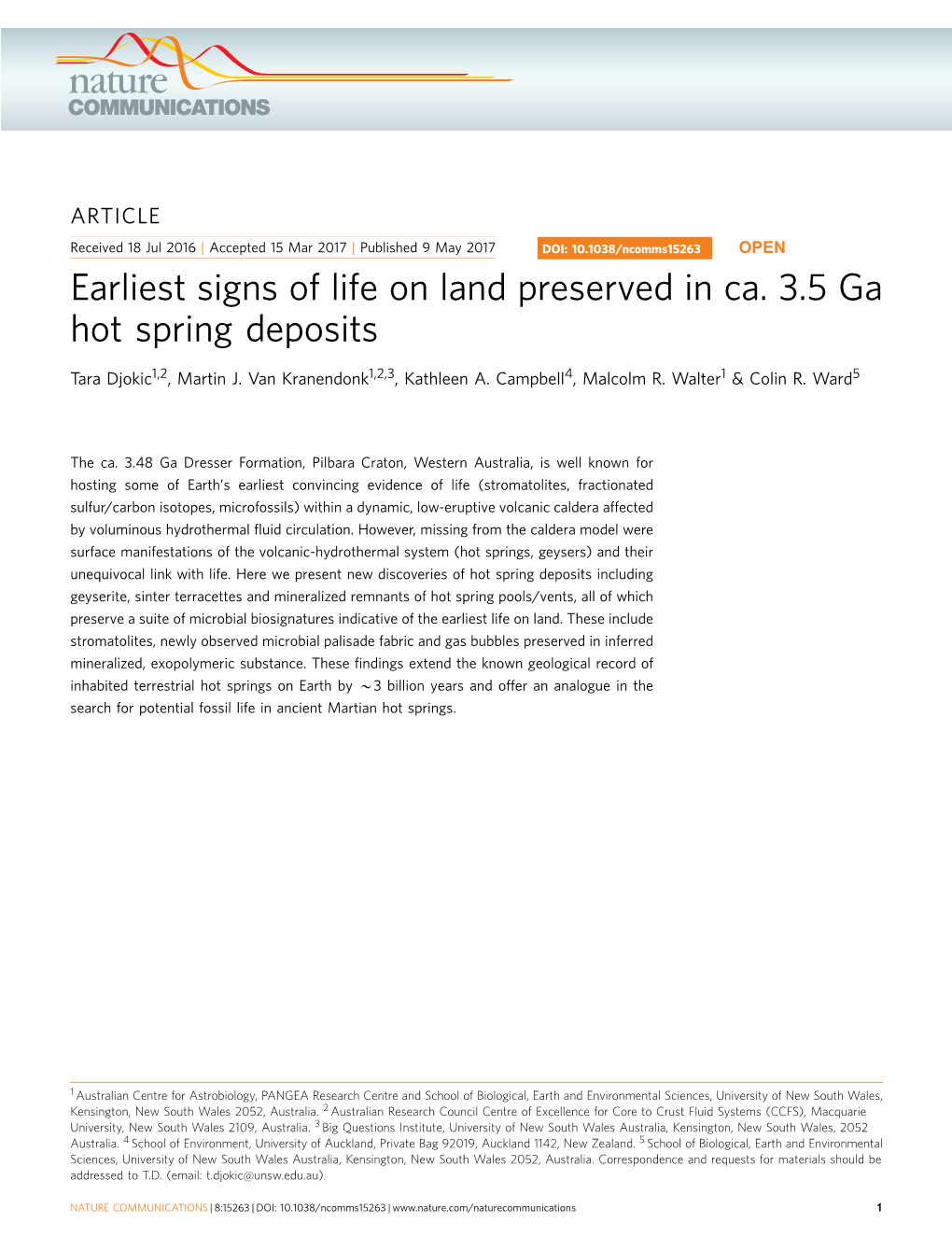 Earliest Signs of Life on Land Preserved in Ca. 3.5 Ga Hot Spring Deposits