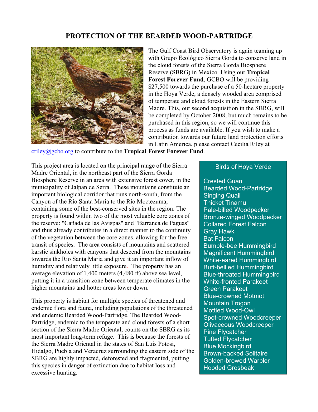 Protection of the Bearded Wood-Partridge