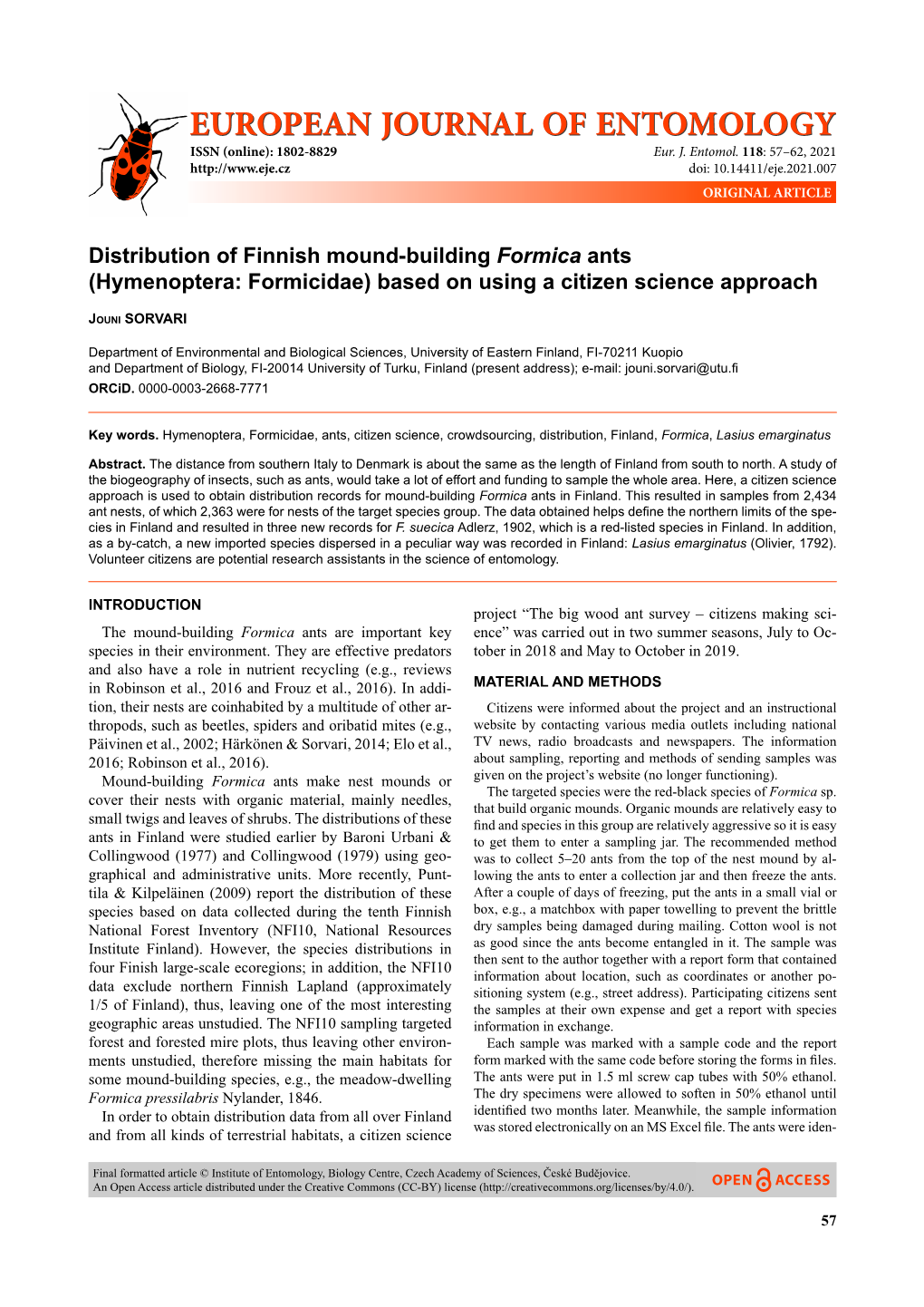 Distribution of Finnish Mound-Building Formica Ants (Hymenoptera: Formicidae) Based on Using a Citizen Science Approach