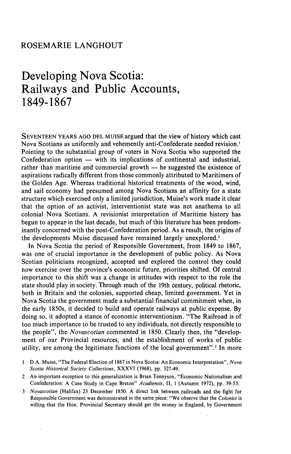 Developing Nova Scotia: Railways and Public Accounts, 1849-1867