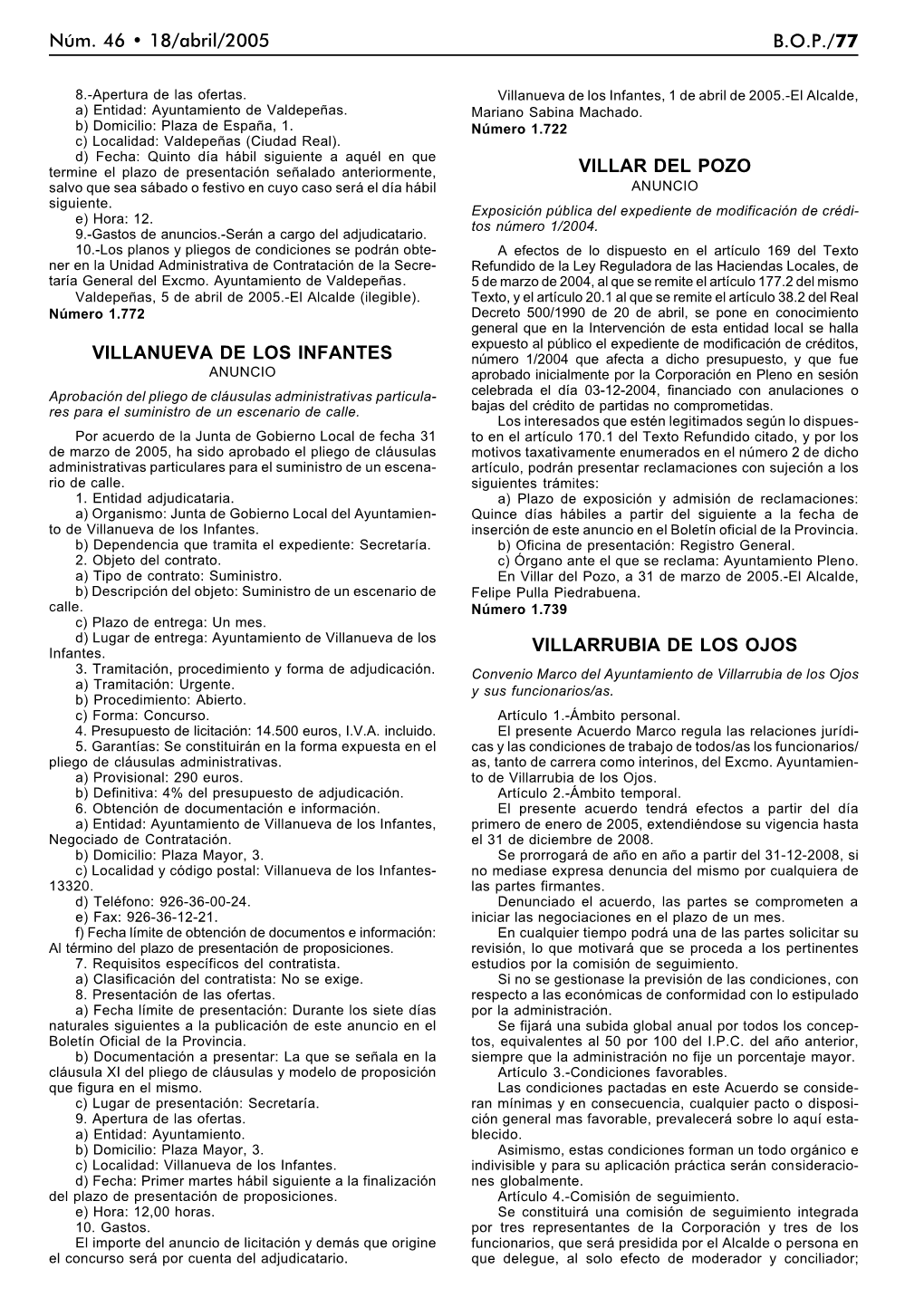 B.O.P./77 Núm. 46 • 18/Abril/2005 VILLANUEVA DE LOS INFANTES VILLAR DEL POZO VILLARRUBIA DE LOS OJOS