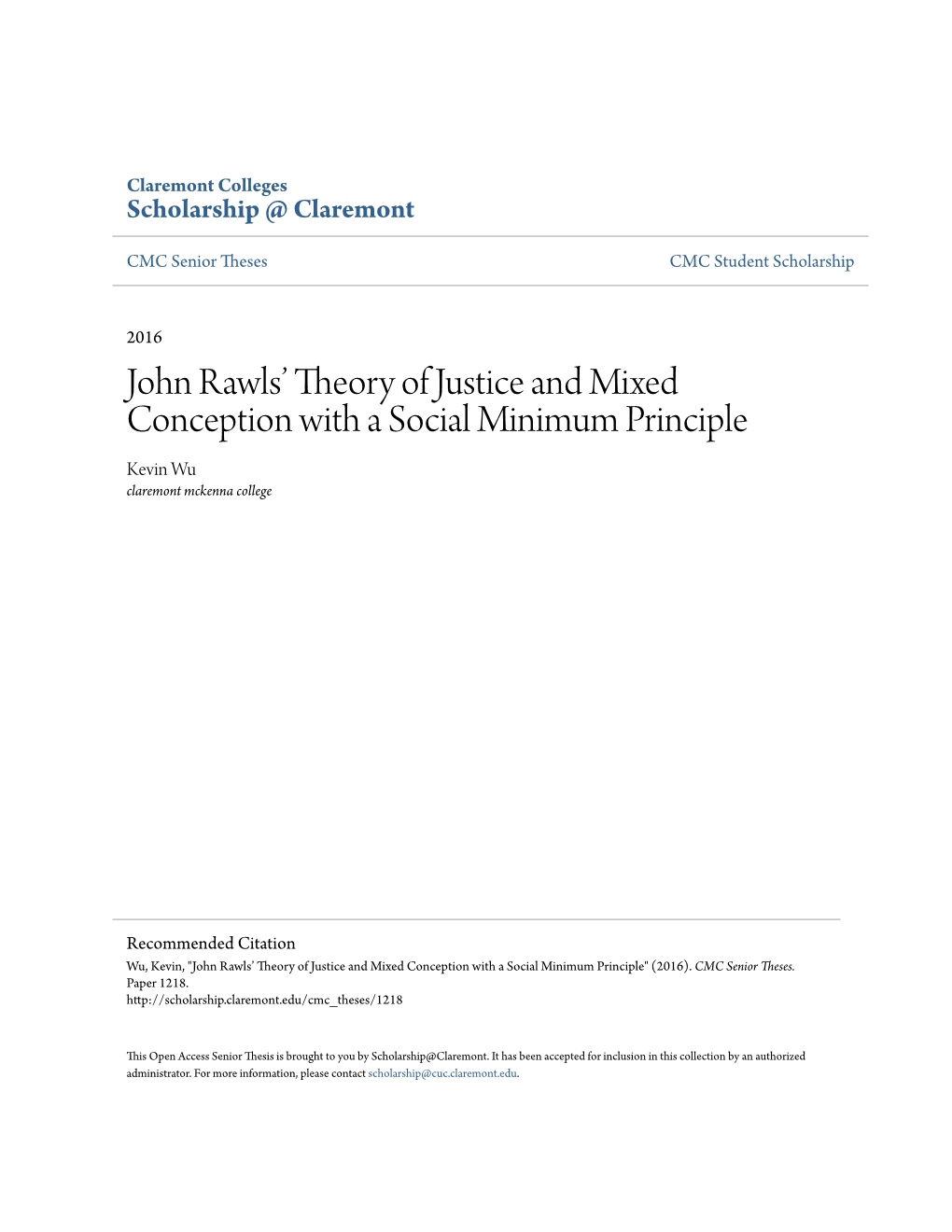 John Rawls' Theory of Justice and Mixed Conception with a Social