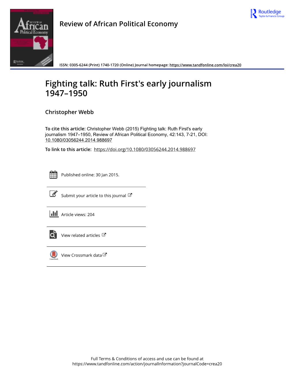 Fighting Talk: Ruth First's Early Journalism 1947–1950