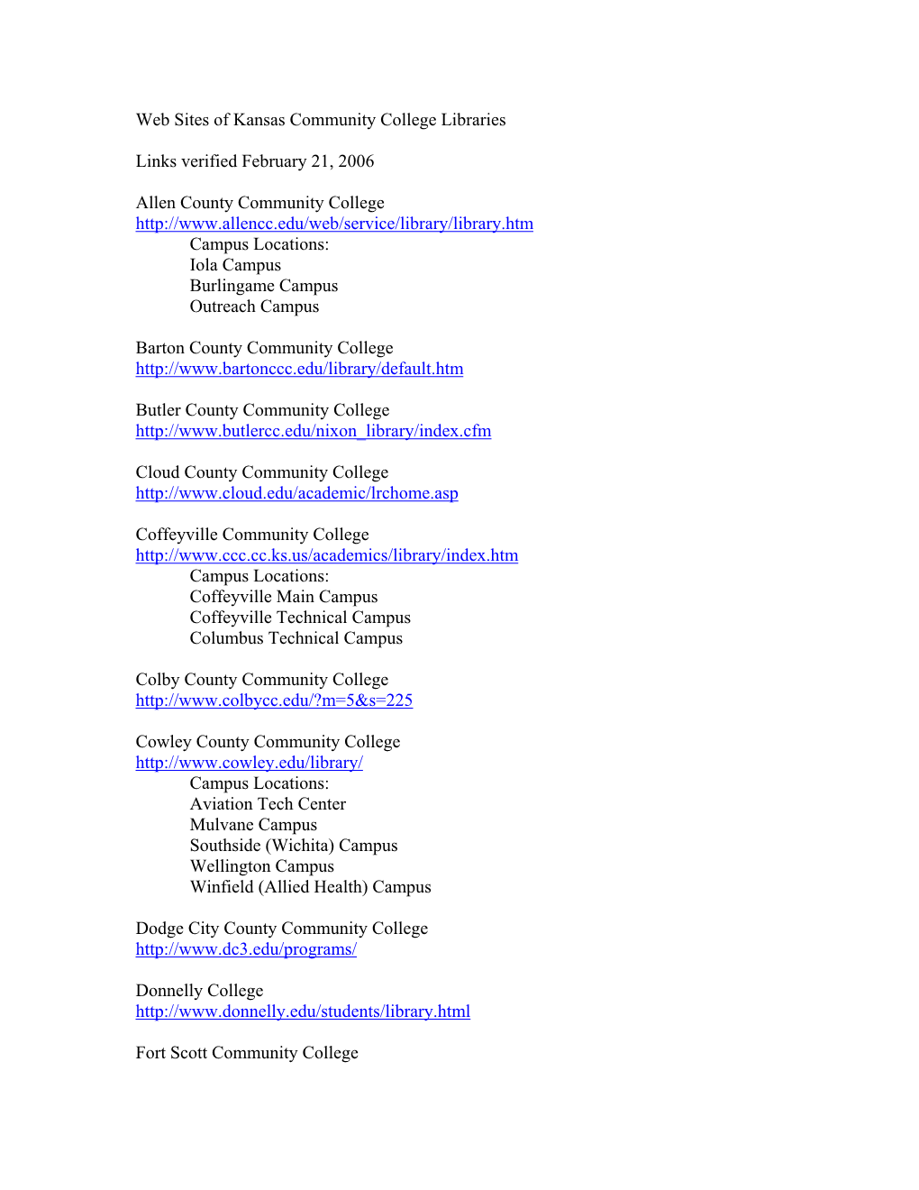 Web Sites of Kansas Community College Libraries Links Verified